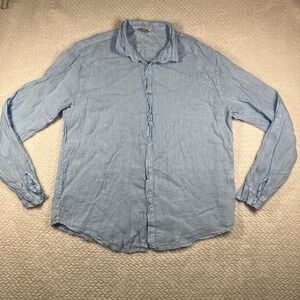 FOCUS Men's XXL 100% Linen Button Down Shirt Blue Italy Breathable